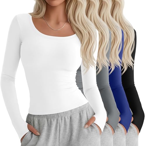 Yearntown 4 Pack Women's Workout Tops Long Sleeve Compression Shirts U Neck Slim Athletic Yoga Basic Shirt with Thumb Holes(White, Gray, Blue, Black,Medium)