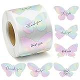 BunneDany 600 Pcs Holographic Butterfly Thank You Stickers, Roll of 6 Designs Rainbow Foil Adhesive Labels for Small Business Envelope Seals Gift Cards Tags Handmade Crafts Wedding Party Favors, 1.5’’
