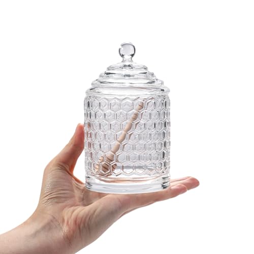 BTGLLAS Honey Jars,9 oz Clear Glass Honey Pot Set with Dipper and Lid - Glass Honey Dispenser,Syrup Jar,Containers for Kitchen - Honeypot with Dipper Sticks - Honey Containers (Hexagon 1PACK)