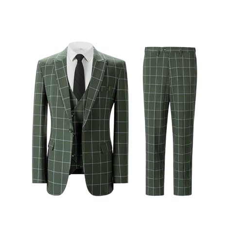 Men's Slim Fit 3 Piece Plaid Suit Set,Business Formal Attire Solid Blazer Jacket Vest Pants