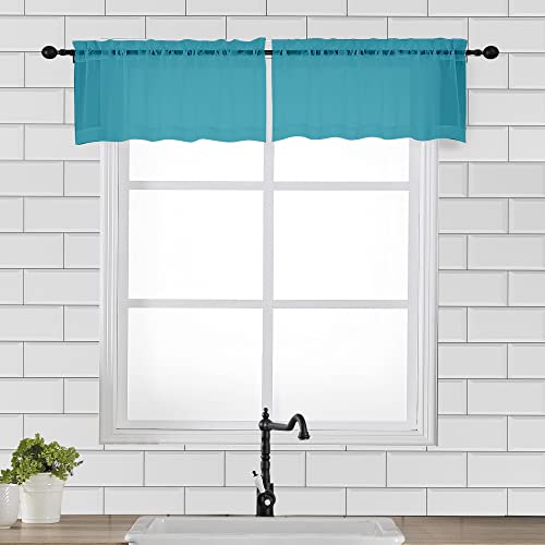 Image of OVZME 2 Panels Turquoise Semi Sheer Valance - Short Curtain Valances for Windows, Basement, Kitchen with Dual Rod Pocket (42 by 14 Inches Long)