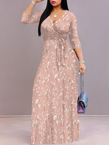 Image of SUZONANA Plus Size Dresses for Curvy Women Floral Print Maxi Dress Bodycon Wrap 3 /4 Sleeve Long Dressy with Belt