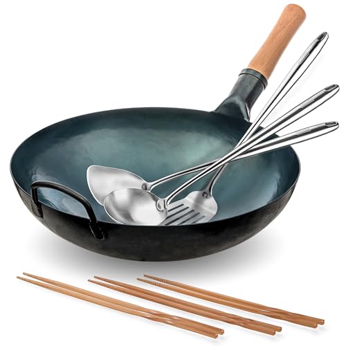 Wok de acero al carbono 14 in con accesorios de cocina miniatura 1