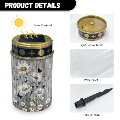Image of Wood Print Daisy Light for Prayer Cemetery Solar Lights for Grave Cemetery Decor Candle Lamp Waterproof Solar Power Light Eternal Lights for Graves Cemetery Memorial Gift 2 PCS