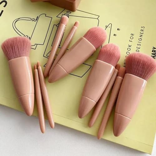 Image of UCRAVO 5-in-1 Small Mini Makeup Brush Kit with Mirror - Compact Travel Cosmetic Set for Face, Eyeshadow, Blush, Powder & Lip Application - Portable Makeup Brush Kit for Women, Teens & Beginners