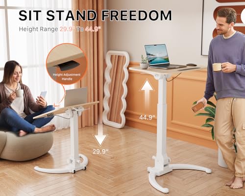 Image of JOY worker Foldable Mobile Standing Desk, 90 Tilt Rolling Laptop Desk, Oak | Tiltable MDF Laptop Desk, Portable Cart with Hidden Wheels & Low Base, Collapsible for Storage, Holds 22lbs, Home Office