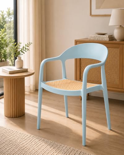 Image of Rattan Style Outdoor Chair | Set of 1 Sky Blue Plastic Arm Chair for Garden, Balcony, Patio & Cafe | Lightweight Weather Resistant Seating | 3 Year Manufacturing Warranty