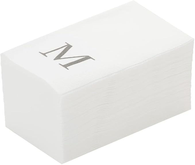 Luxenap 15.8 X 7.9 Inch Linen-Feel Guest Towels, 50 Lettered Hand Towels - Gold Letter 'M', Sans Serif Font, White Paper Dinner Napkins, airlaid, For Restrooms And Tables