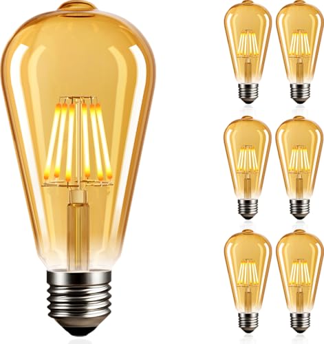 NUODIFAN Edison Vintage Glühbirne, 60W E27 Edison LED Lampe 600LM Warmweiß 2700K Retro Glühbirne Ideal für Nostalgie und Retro Beleuchtung im Haus Café Bar usw 6 Stück
