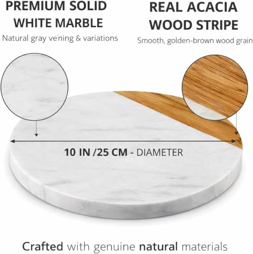 Image of White Round Marble Serving Board | Acacia Wooden, For Charcuterie, Cheese, Meats, Fruit, Crackers, Cheese Board, Cutting Board