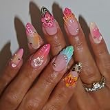 QEYRIYI Summer 3D Flowers Press on Nails Medium Almond Fake Nail with Pearls Designs 3D Stripe French Tip False Nails Acrylic Glue on Nails Gradient Artificial Stick on Nail for Women 24 Pcs
