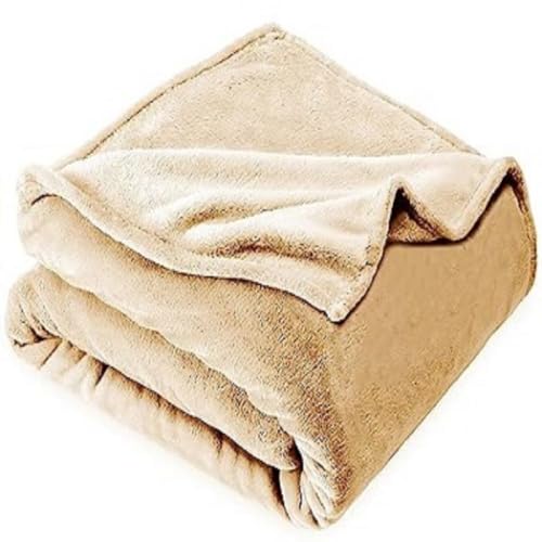 Image of HOMEKART Premium Flannel Fleece Blanket for Double Bed, Super Soft Plush All Season Blanket, Lightweight Warm Cozy Bed Blanket for Queen Size Bed, Sofa, Couch, Travel & Camping, 228 x 228 cm,Beige