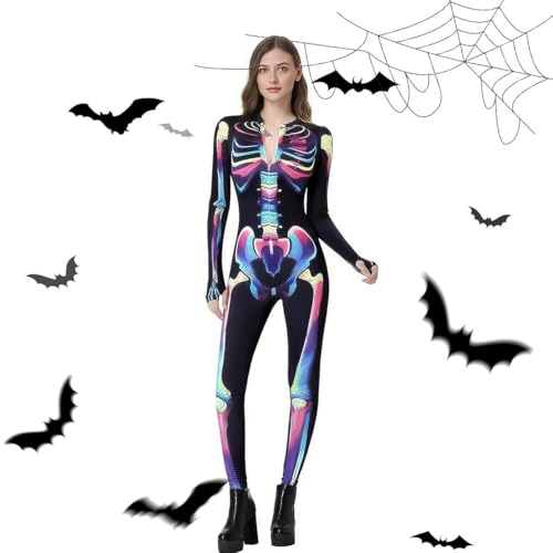LOVEXIU Halloween Squelette Costume Femme 155-165CM,Couleur Déguisement Halloween Squelette Femme,Femmes Jour des Morts Costume Combinaison,Jeu de RôLe Femmes Fille Cosplay-S