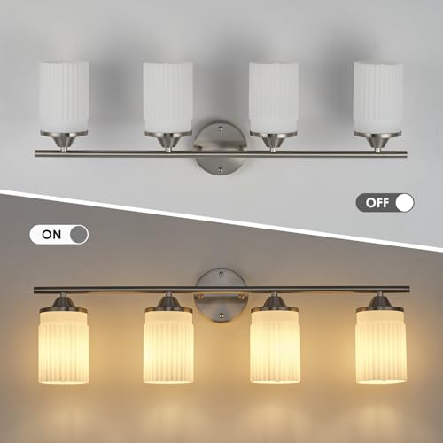 Image of Jonsi Nickel Bathroom Light Fixtures 4-Light Vanity Lights Modern Wall Sconce with Milk White Shade Brushed Nickel Bathroom Light Fixture Over Mirror for Bedroom Hallway Kitchen