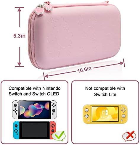 BRHE Pink Carrying Case Kit for Nintendo Switch/Switch oled Accessories Hard Portable Protective Bundle Travel Bag Shock/Water-Proof Shell with Thumb Grip Caps and Doll Pendant.