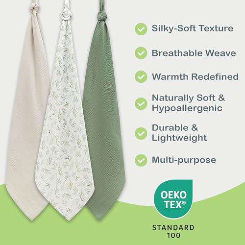 Image of Organic Muslin Baby Blanket 3-Pack Green, Ivory & Floral 38x40 Inch 100% Organic Cotton Oeko-TEX Certified Hypoallergenic Swaddle Blanket for Newborn Girls, Pastel Baby Girl Gift