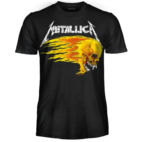Metallica T-Shirt Pushead Flaming Skull. Maglietta Rock Ufficiale. Band Heavy Metal. Maglia Unisex Adulto Ragazzo. (S)