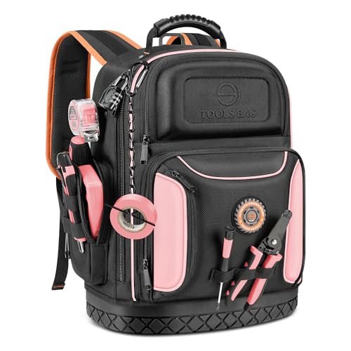 Tool Backpack Bag, Durable Electrician Backpack Tool Bag for HVAC with Waterproof Molded Base, Construction Work Heavy Duty Tools Organizer Bags with Combination Lock Large - Pink