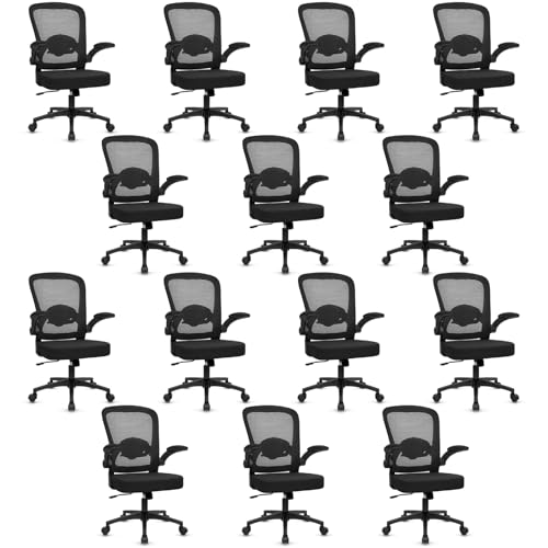 Image of KLASIKA Desk Chairs with Wheels, Ergonomic Mesh Back Home Office Chair Adjustable Lumbar Support & Height Swivel Rolling Computer Task Chairs with Flip Up Armrests for Conference Meeting, Black, 14PK