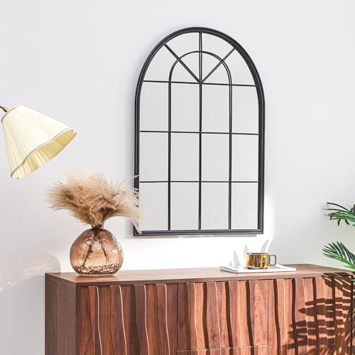 Image of Window Mirrors for Wall Decor - Large Black Farmhouse Arched Window Pane Mirror for Wall Decor Living Room,Wall Mounted Mirror for Entryway, Fireplace,Dining Room,Bedroom,36 inchX24 inch Metal Framed