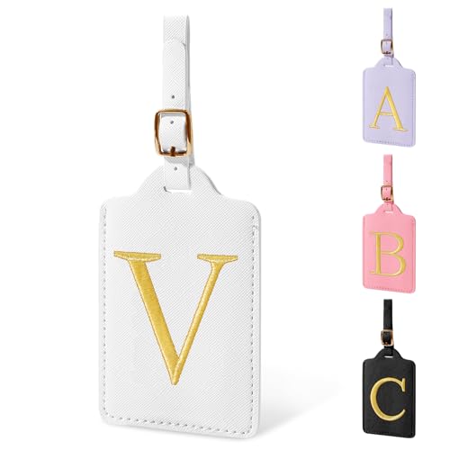 Personalized Initial Luggage Tags for Suitcase TSA Approved, White Leather Cute Luggage Tag with Privacy Cover Name Card, Embroidered Custom Luggage Tags Travel Baggage Tags Gifts for Women Kids(V)
