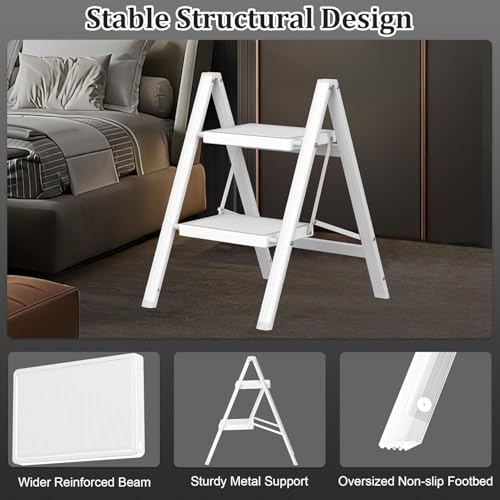 DIAMONDFORGE 2 Step Ladder, Lightweight Folding Step with Wide Anti-Slip Pedal & Feet, 330 lbs Capacity，Sturdy Steel Step Ladder for Home,Kitchen and Office, White by DIAMONDFORGE - Image 5
