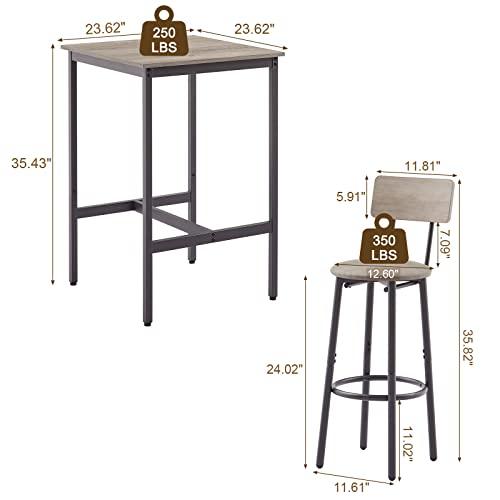 KIVENJAJA Bar Table and Chairs Set for 2, 3-Piece Small Square Pub Bistro Table and Upholstered Stools with Backrest, Counter Height Dining Table Set for Kitchen Small Space, Grey - Thumbnail 5