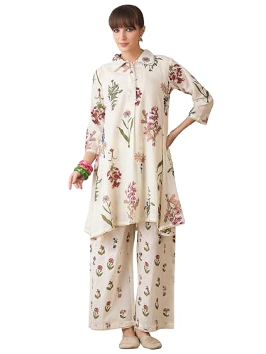 Image of INDO ERA Women's Pure Cotton Embroidered Straight Kurta & Palazzo Set | cotton kurta sets for women