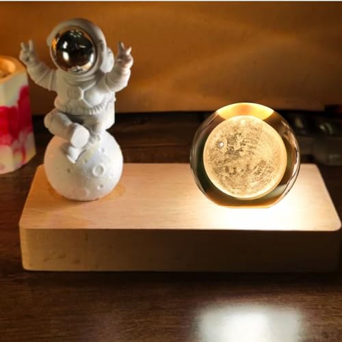 Image of One94Store 3D Crystal Moon Lamp - Engraved LED Light with Astronaut, USB-Powered Table Lamp, Wooden Base, Romantic Home & Office Decor, Bedroom, Anniversary, Birthday Gift (Warm White)