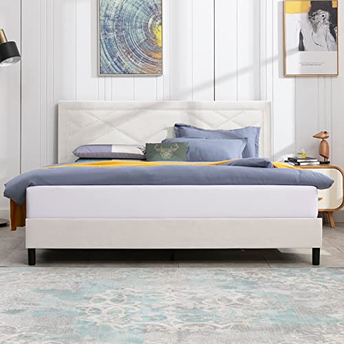 Mjkone Full Size Upholstered Bed Frame, Platform Bed Frame With Comfortable Adjustable Velvet Headboard With Solid Wooden Slat Support, Anti-Slip Foot Mats For Bedroom, Beige #TOP4