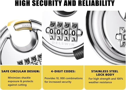 Image of 4 Digit Combination Disc Padlock, Silver, 4Pcs | Hardened Steel Shackle, For Sheds, Storage Unit, Gym and Fence