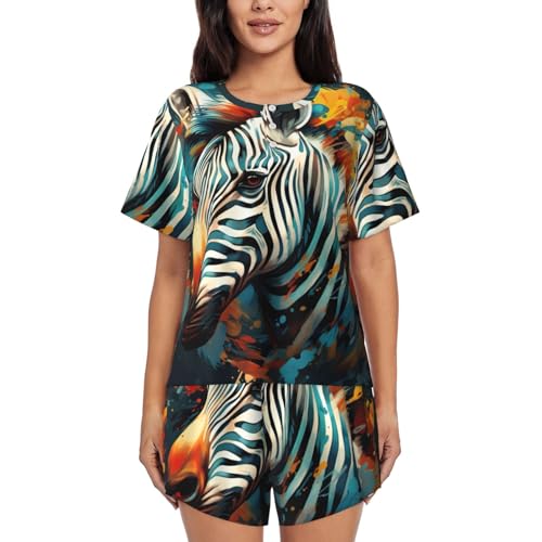 Pyjama deux pièces femme motif zèbre abstrait ensemble haut col rond short nuit