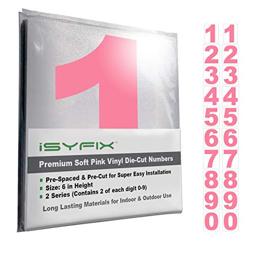 iSYFIX Pink Vinyl Numbers Stickers – 6 Inch Self Adhesive (2 Sets)- Premium Decal Die Cut and Pre-Spaced for Mailbox, Signs, Window, Door, Cars, Trucks, Homes, Address Numbers, Indoor or Outdoor