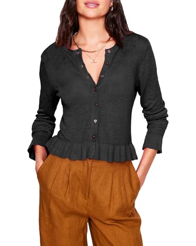 Womens 2025 Fall Winter Ruffle Cardigan Tops Fashion Long Sleeve Crew Neck Button Down Knit Sweater Cardigans