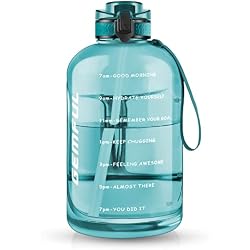 GEMFUL 3 Liter Water Bottle with Straw 101oz BPA-Free Leakproof Time Marker Handle for Gym Sports Large Motivational Jug for Men Women (Cyan with Removable Straw)