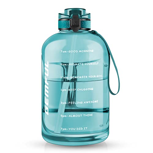 GEMFUL Wasserflasche 3 Liter mit Strohhalm & Zeitmarkierung - BPA-Frei & Auslaufsicher für Sport Fitness & OutdoorZyan