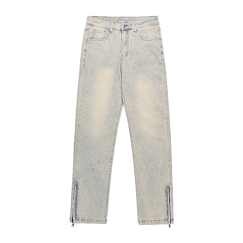 Men's Waist Flat Front Zipper Denim Pant Regular Fit Retro Design Jeans Athletic Comfy Washed Lightweight Jean (Yellow,X-Large)