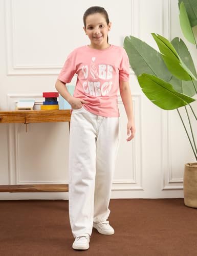 Image of Amazon Brand - Symbol Girls Cotton Strechable Oversized Graphic Printed Half Sleeves T-Shirt | Age 6-14 Years (Combo Pack of 2)