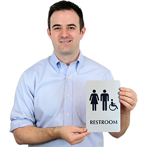 Smartsign 6 X 9 Inch Unisex Restroom Sign With Men / Women / Handicap Accessible Wheelchair Pictograms, 40 Mil Stainless Steel Metal, Engraved, Door / Wall Mount Bathroom Sign, Silver And Black #TOP3