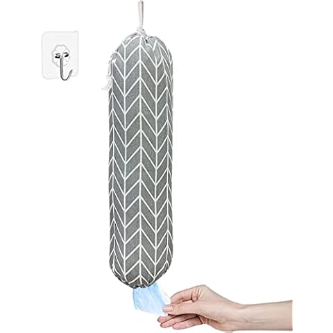 Plastic Bag Holder,Grocery Bag Dispenser Wall Mount Plastic Bag Organizer,Washable Large Grocery Bag Storage Dispenser ​for Home Kitchen, Free Adjustment with Drawstring, Stripes-gray, 22x9" Cover