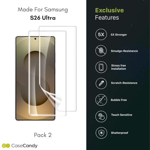 Image of Casecandy - (2 Pack Screen Protector Guard for Samsung S26 Ultra (6.8-inch Screen Size) | Transparent Screen Guard For Galaxy S26 Ultra - Fingerprint Support /S PEN Compatible /HD