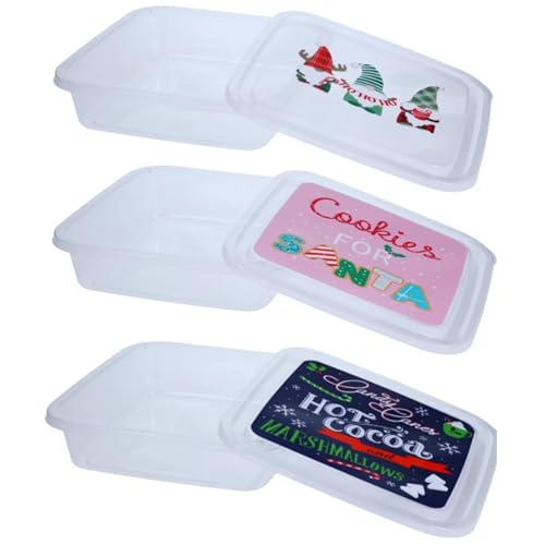 Set of 3 Christmas Square 10 oz Plastic Containers with Lid, Holiday Cookie, Candy, Nuts Storage with Lid, Gift Basket Reusable stackable Decorations ornaments DIY Organizer