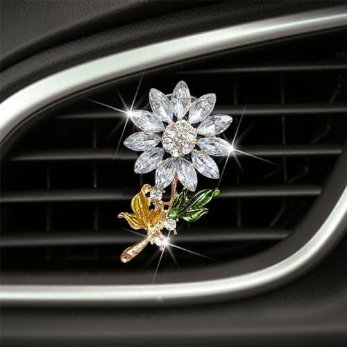 MINGZAIQIPEI Clips de grille d'aération en forme de tournesol pour grille d'aération de voiture, diffuseur de diamant, décoration intérieure de voiture en strass (blanc)