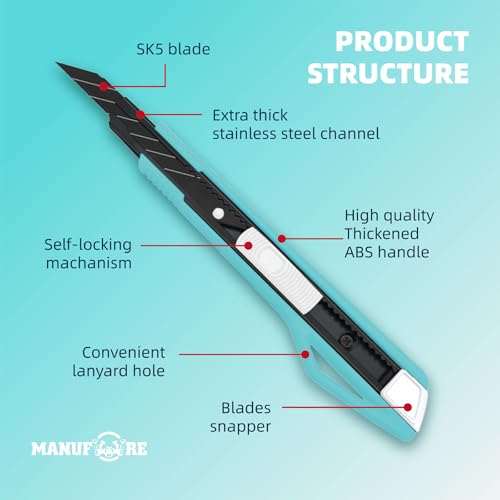 Image of MANUFORE 5pcs 9mm Snap-off Knives with 30-Degree Precision Blade | Blue, Safety Auto-lock, 30-Degree Sharp Blade, Lightweight Portable, Retractable Film Cutting Knife for Paper, tint, decals