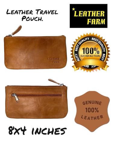 Image of Leather Travel Pouch - Beautifully Handcrafted YKK Zippered Pouch Handmade - 8 x 4 inches.(TAN CRUNCH)