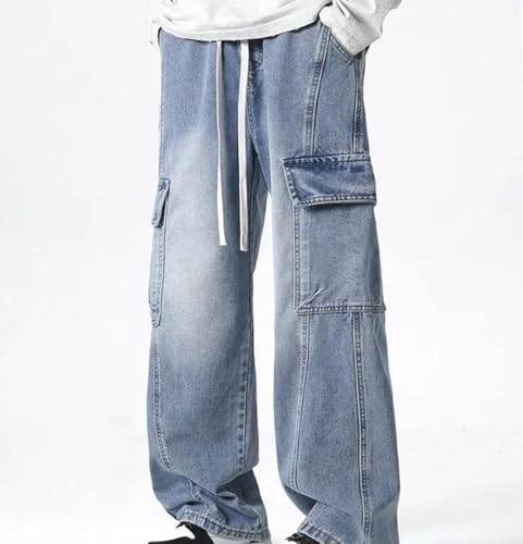 Men’S Workwear Straight Jeans Mid Waist Loose Fit Wide Leg Denim Pants Casual Drawstring Closure Jeans2