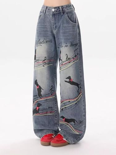 Y2k Unisex Vintage Kawaii Puppy Music Score Print Baggy Jeans Hiphop Street Preppy Cutecore Casual Wide Leg Denim Pants3