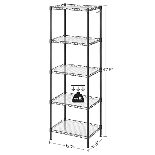 Songmics Kitchen Metal Shelves, 5-Tier Wire Shelving Unit With 8 Hooks, Narrow Storage Rack With Pp Shelf Liners, Height-Adjustable, For Bathroom, Pantry, Black Ulgr115B01 #TOP4