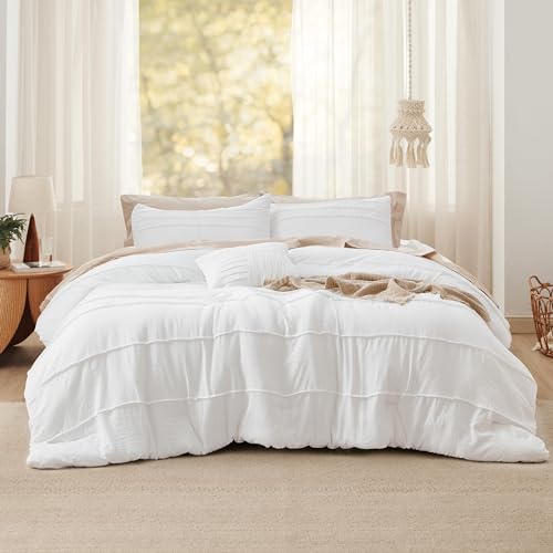 Image of Bedsure White Oversized Queen Comforter Set - 4 Pieces Pinch Pleat Bed Set, Down Alternative Bedding Sets for All Season, 1 Comforter, 2 Pillowcases, 1 Decorative Pillow