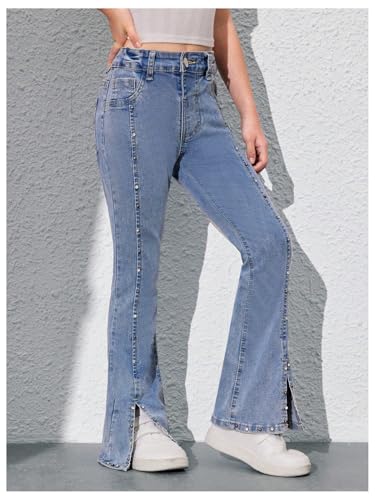 Floerns Girl's Split Hem Flare Leg Denim Pants Pearl Beaded Bell Bottom Jeans4